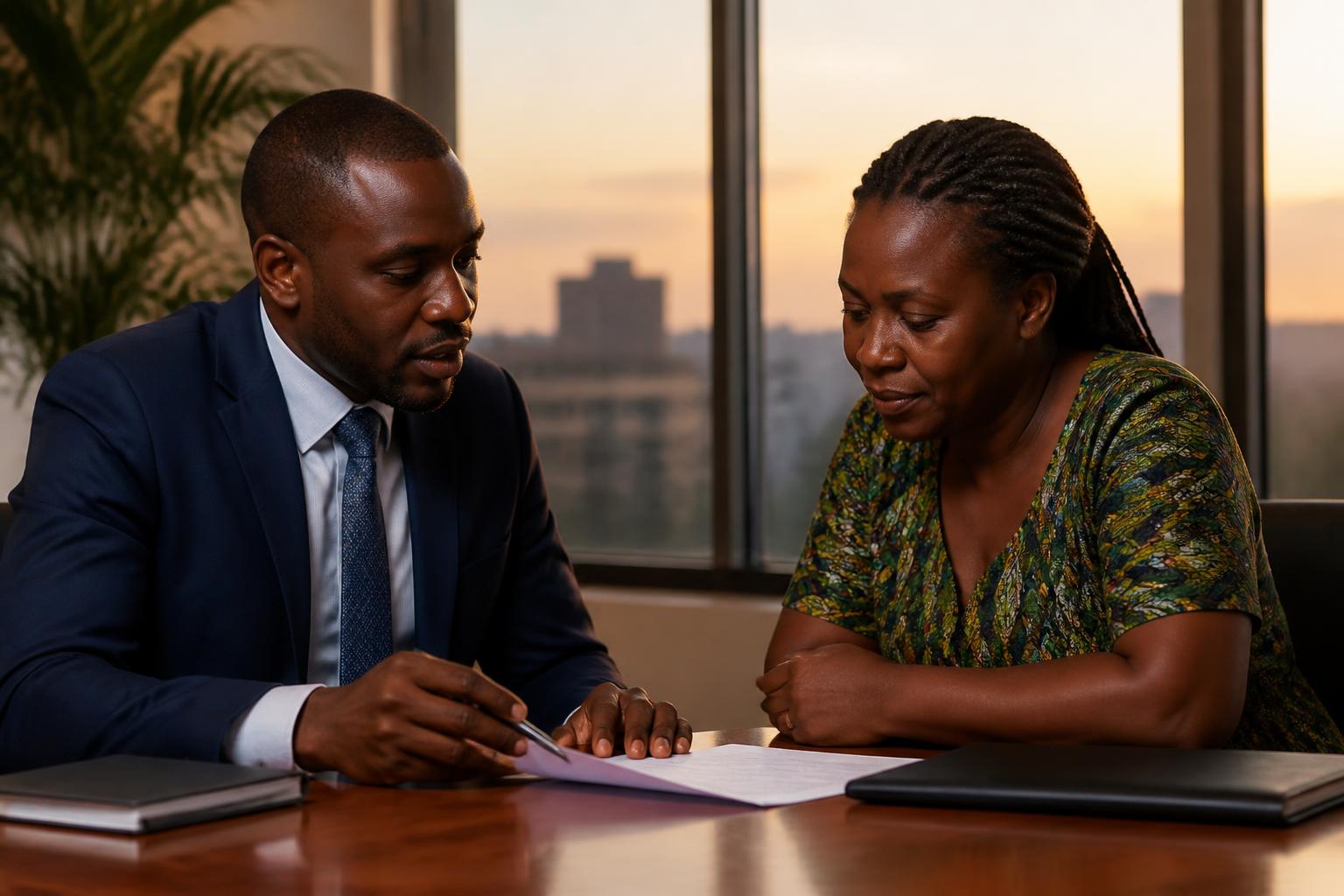 A DebtFree Uganda advisor and a client talking calmly across a desk, reviewing papers together