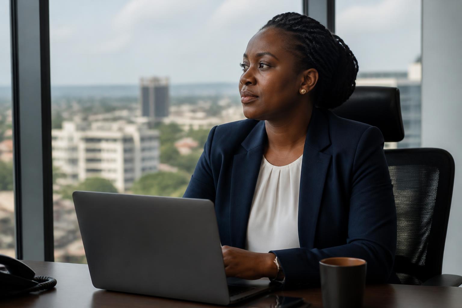 A Ugandan professional woman thinking at her desk in a Kampala office