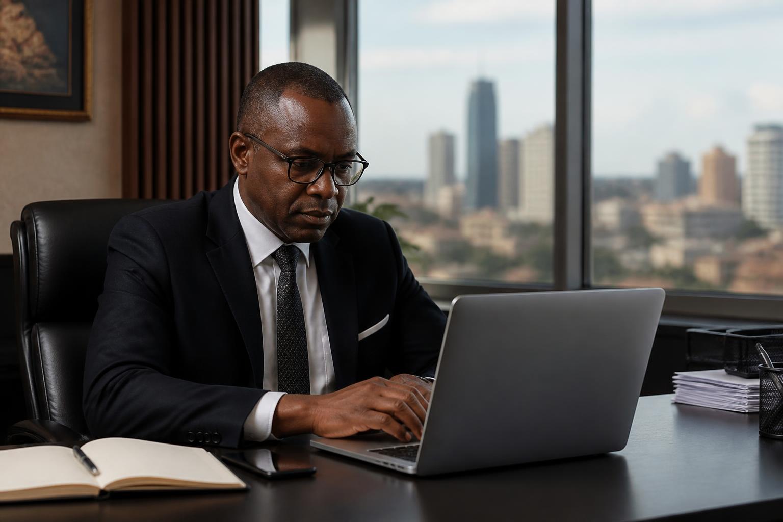 A Ugandan executive in a suit reviewing figures on his laptop in a city office