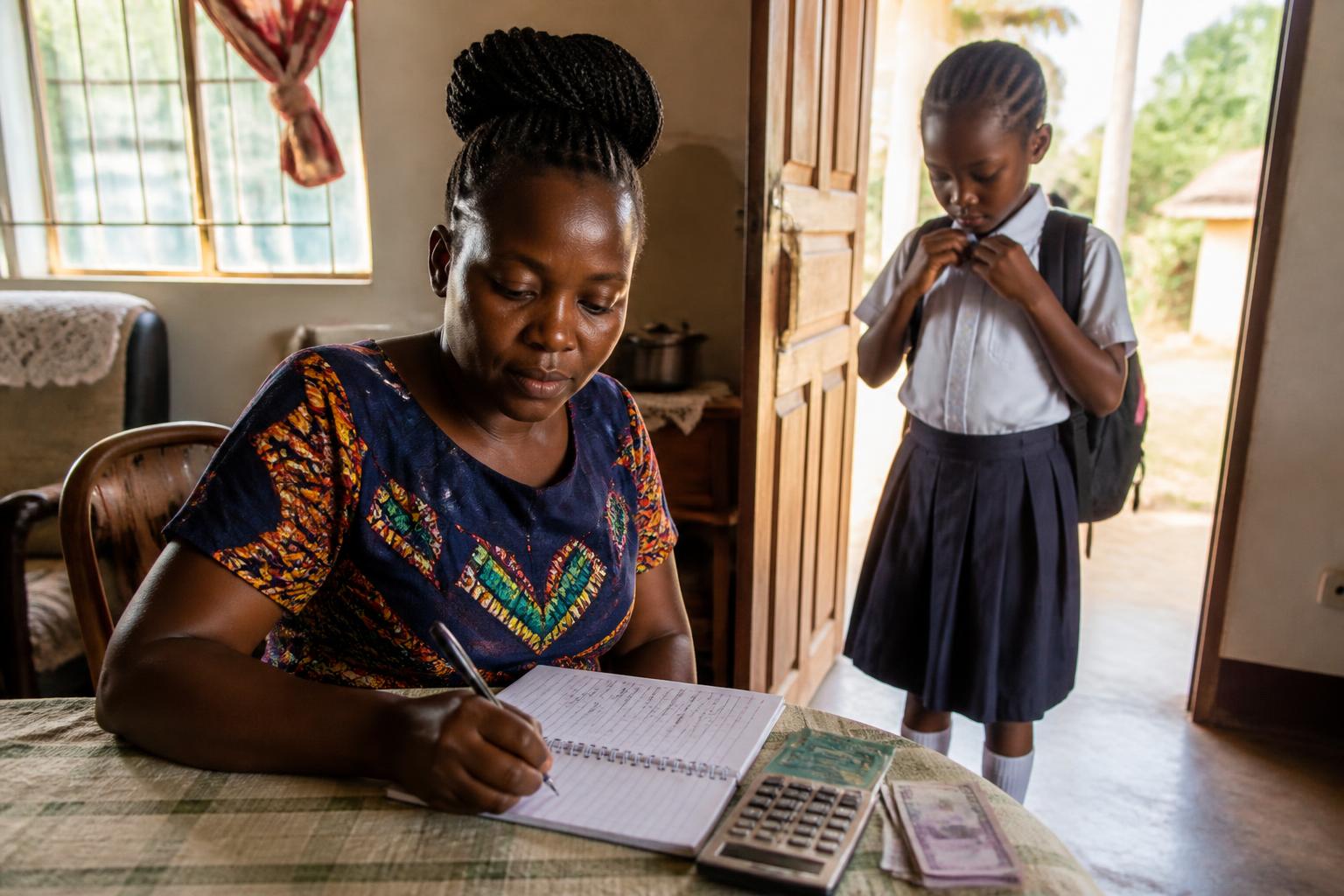 A woman in a meeting discussing school fees payments across a desk