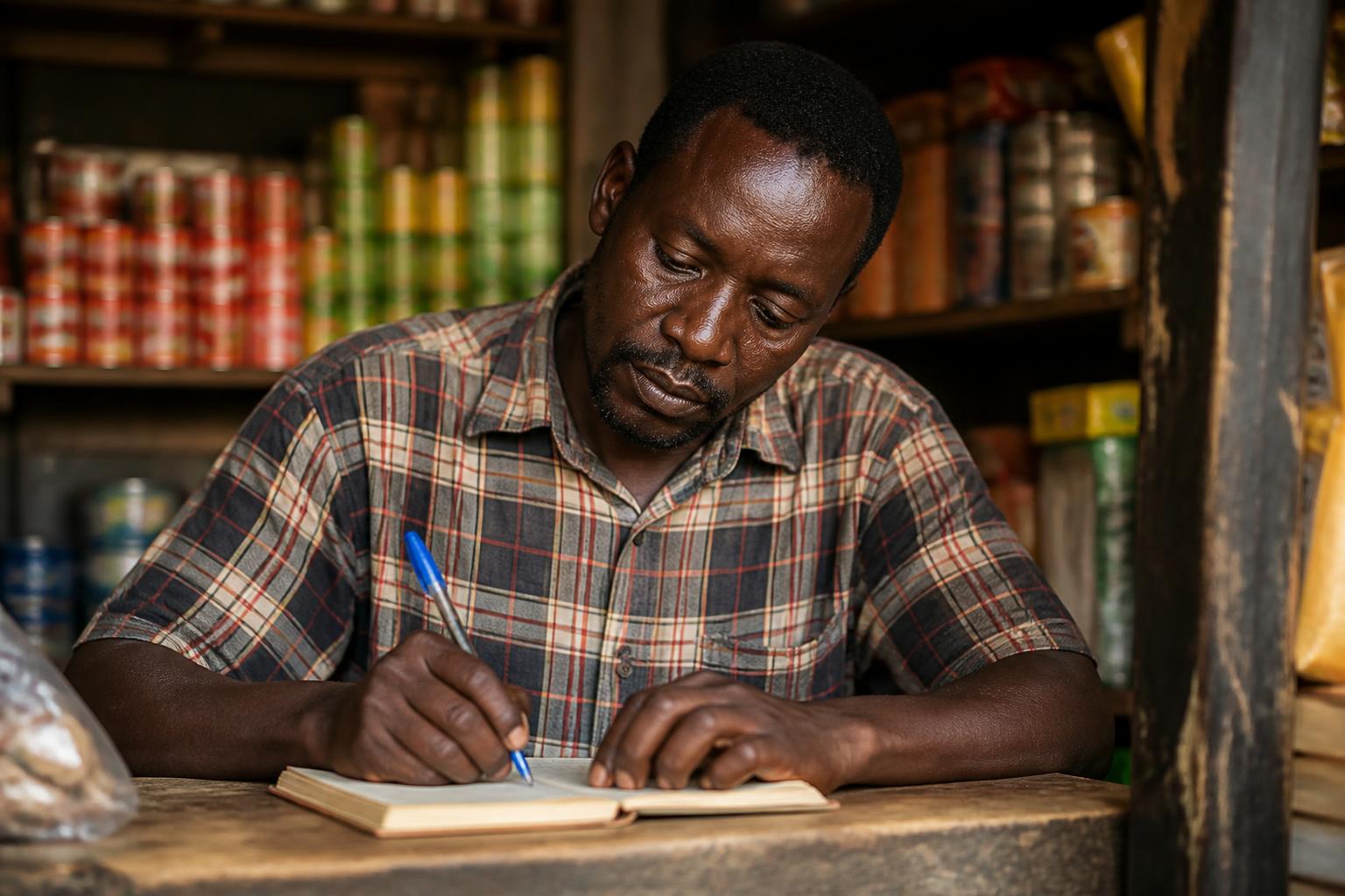A shopkeeper in his Kampala retail shop working through his figures in a notebook